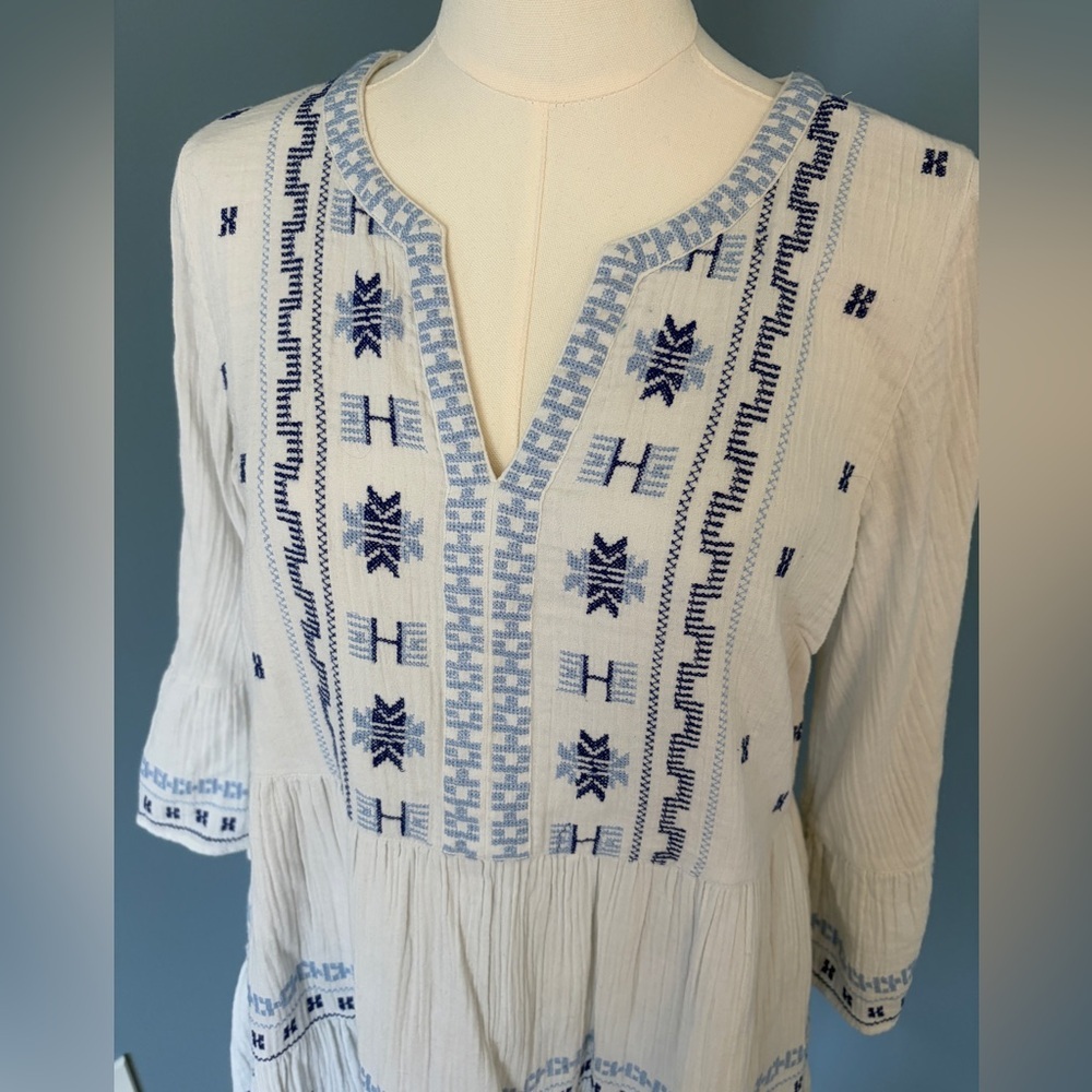 Fat Face Embroidered Boho Tunic Dress Cream Blue Cotton Tiered Mini Size 6 - Picture 3 of 9